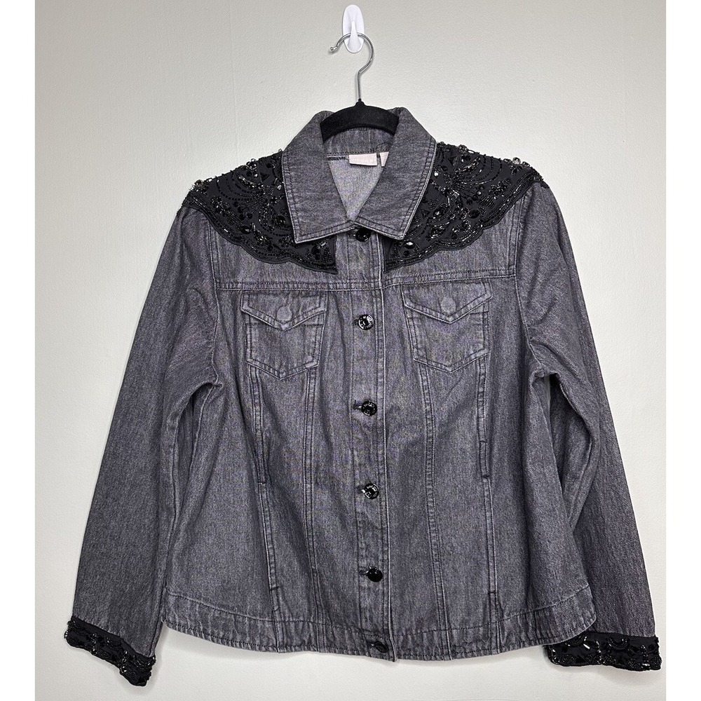 Chicos Black Embellished Denim Gray Button  Jacket Size 2P Large* FLAW‎